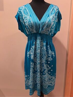 Boho She’s Cool Teal White Paisley V-Neck Mini Dress Tunic Beach Coverup Flowy L